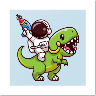 Cute Astronaut Riding Dinosaur With Gun Cartoon Posters and Art